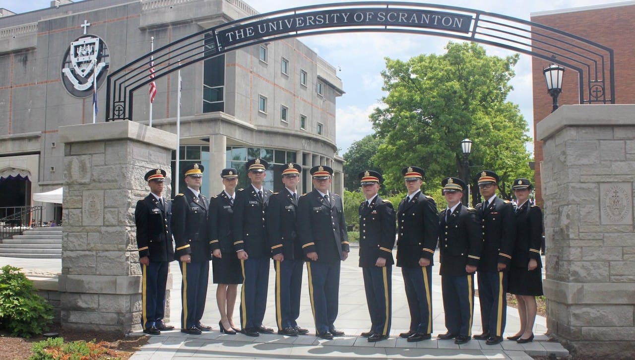Eleven 2018 ROTC graduates from area colleges, including ten from The University of Scranton, were commissioned as second lieutenants in the U.S. Army during a ceremony held on Scranton’s campus in May. From left: 2nd Lt. David Augusto de Leon II, 2nd Lt. William C. Beck, 2nd Lt. Lindsay Clifford, 2nd Lt. Robert J. Turlip, Jr., 2nd Lt. Stephen Thomas Fitch, 2nd Lt. Ryan J. Feeney, 2nd Lt. Michael Kolcharno, 2nd Lt. Paul J. Piekarz, 2nd Lt. John Paul Filipczyk, 2nd Lt. Mohammed Truitt and2nd Lt. Noel B. Hanson.