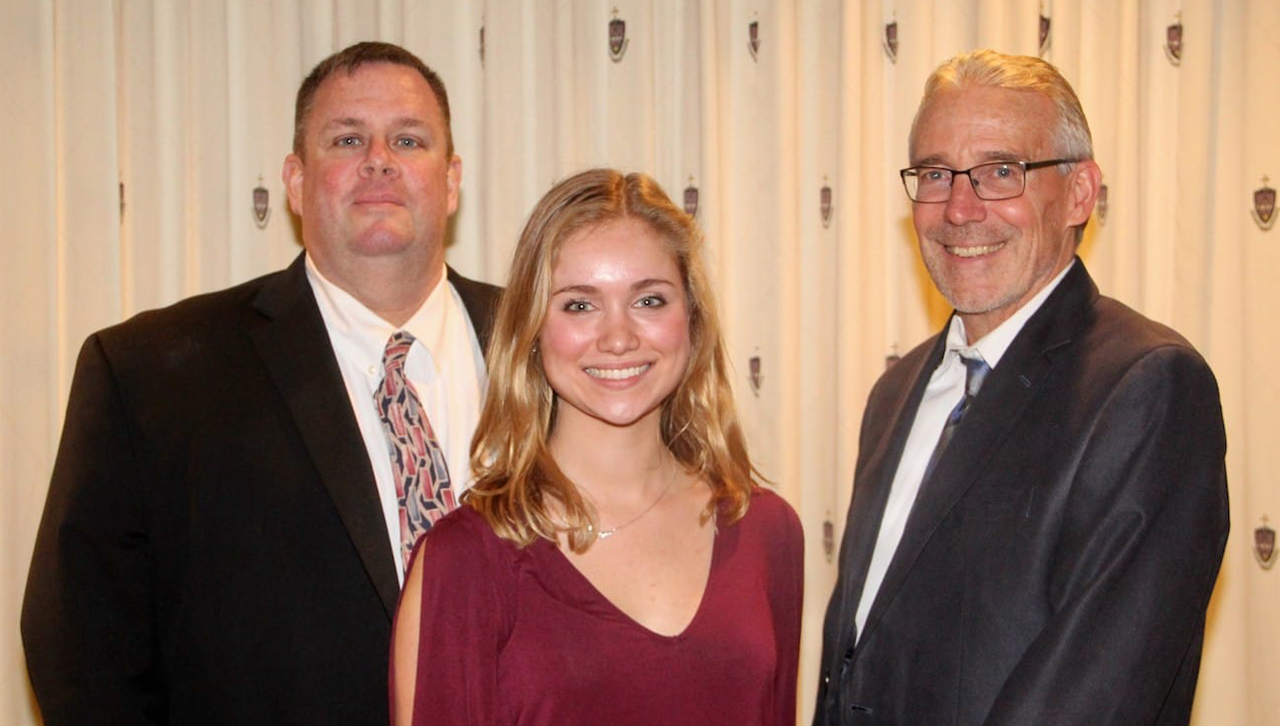 Laura Freedman, West Milford, New Jersey, received the Rose Kelly Award for the College of Arts and Sciences. From left: Thomas Antonucci, the teacher Freedman honored from West Milford School District; Freedman; and Brian Conniff, Ph.D., dean of the College of Arts and Sciences.
