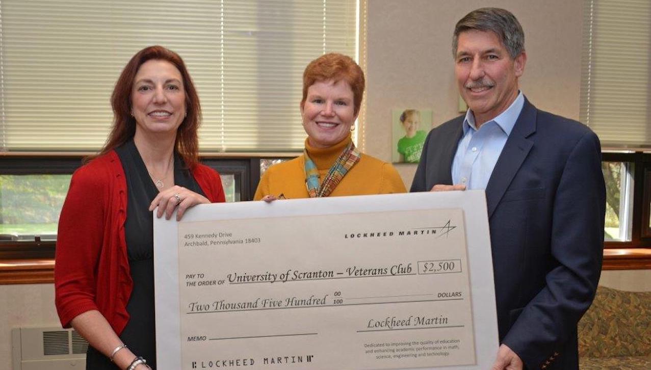 Lockheed Martin’s Archbald Operations presented a check to The University of Scranton in the amount of $2,500 to support their Veterans Advocacy Committee and veterans’ student club. From left: Karen Buckley, human resources manager of Lockheed Martin’s Archbald Operations; Margaret Hambrose, director of corporate and foundation relations at The University of Scranton; and Dr. Peter Rosecrans, general manager of Lockheed Martin’s Archbald Operations. 