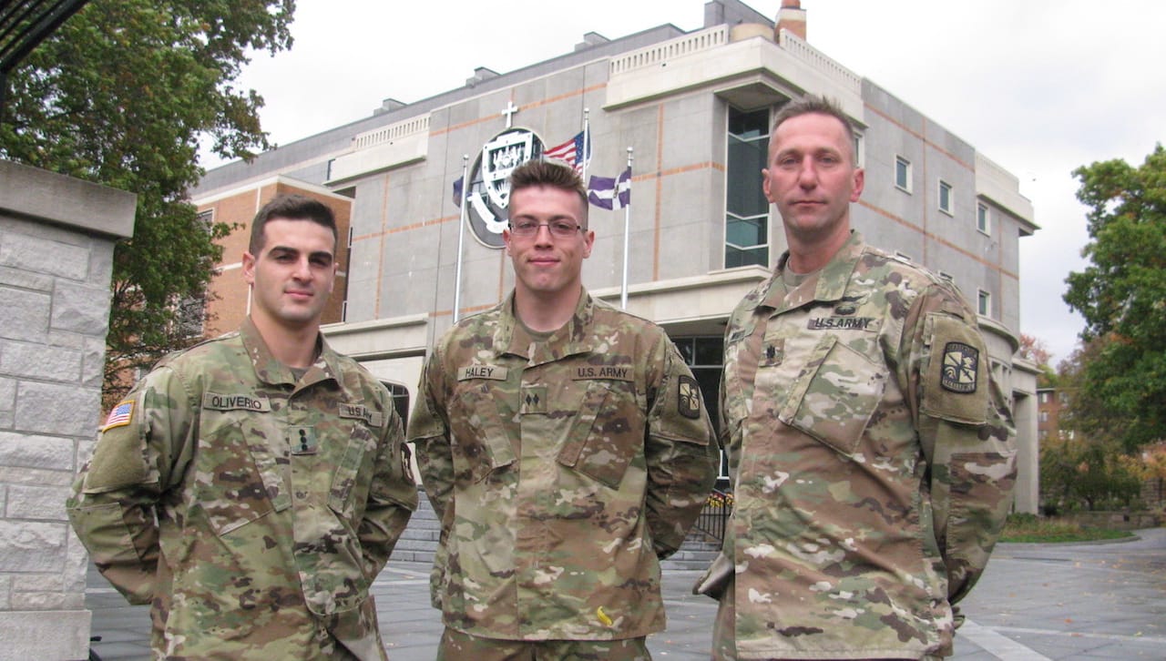 Academic excellence, care for the individual and service to others are among the Jesuit characteristics found in the ROTC Program at Scranton. From left: Cadet Vincent Oliverio, a senior computer engineering major at Scranton; Cadet Ryan Haley, a senior business administration major at Scranton; and Lt. Col. William White, professor of military science at Scranton.