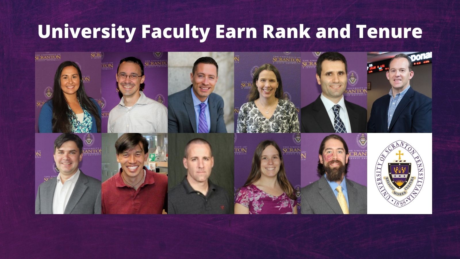 Thumbnail images of 11 faculty members granted promotions and/or tenure at The University of Scranton.