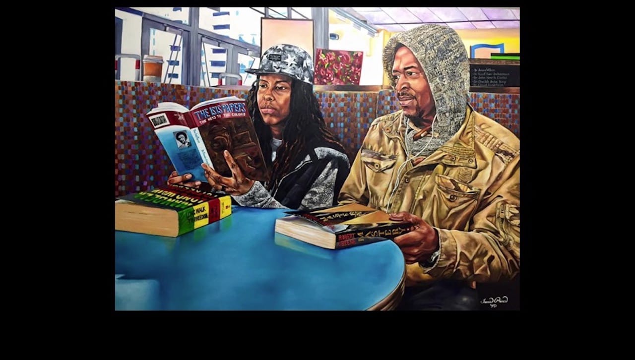 oil painting of people in restaurant booth 