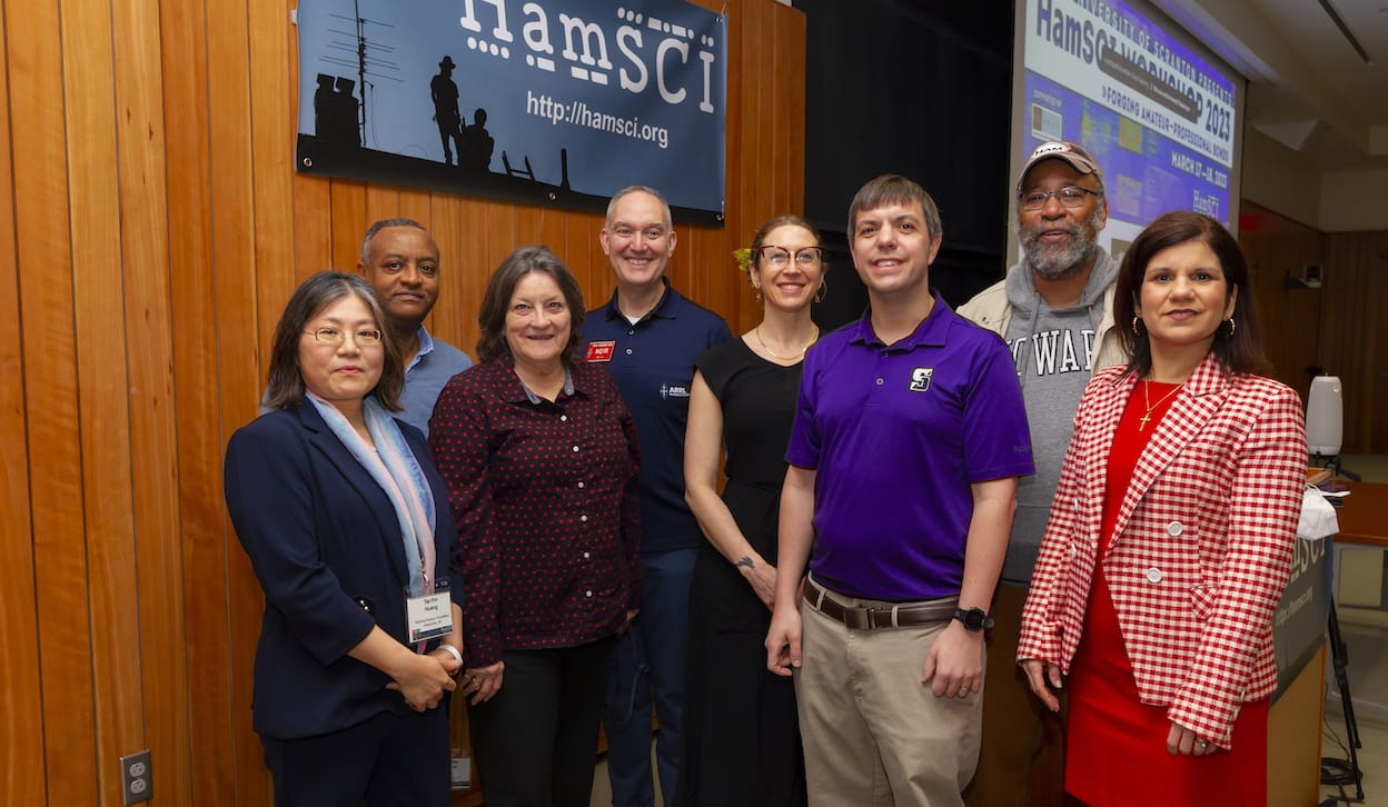 The University of Scranton hosted the sixth annual HamSCI Workshop 2023 for amateur radio enthusiasts and professional scientists March 17-18. From left are: Tai-Yin Huang, Ph.D., aeronomy program director for the National Science Foundation; Esayas Shume, Ph.D., Heliophysics Division Program scientist at NASA Headquarters; Patricia Reiff, Ph.D., (W5TAR) professor in the Department of Physics and Astronomy at Rice University and founding director of the Rice Space Institute; Bob Inderbitzen, director of marketing and innovation The National Association for Amateur Radio (, ARRL); Rosy Schechter, (KJ7RYV) executive director of the Amateur Radio Digital Communications (ARDC); Nathaniel Frissell, Ph.D., (W2NAF) assistant professor of physics and engineering at The University of Scranton and HamSCI lead; Jesse Alexander, (WB2IFS) Ham Radio Project lead at the National Radio Astronomy Observatory (NRAO); and Michelle Maldonado, Ph.D., provost and senior vice president of academic affairs at The University of Scranton.
