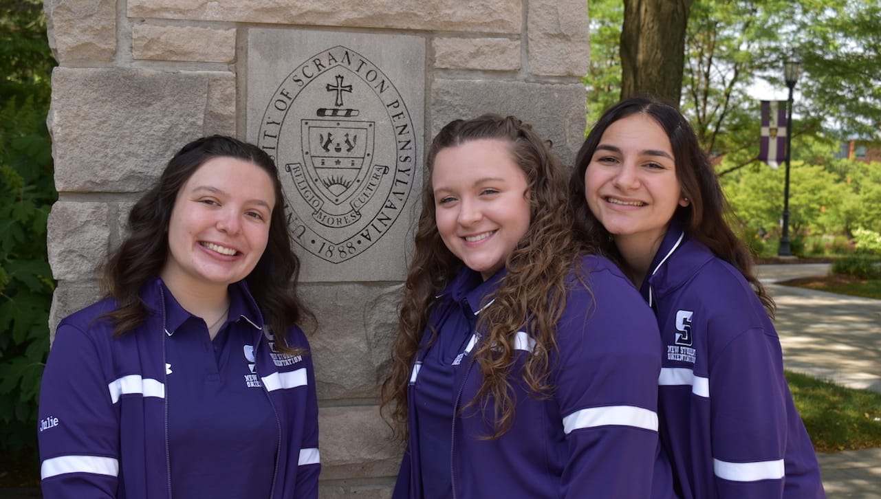 Two-day summer orientation sessions for the more than 1,000 members of The University of Scranton’s class of 2027, and their parents and guardians, began on campus June 20.From left: student orientation team leaders Julie Ciccarino, Mia Familetti and Alex Shomali.