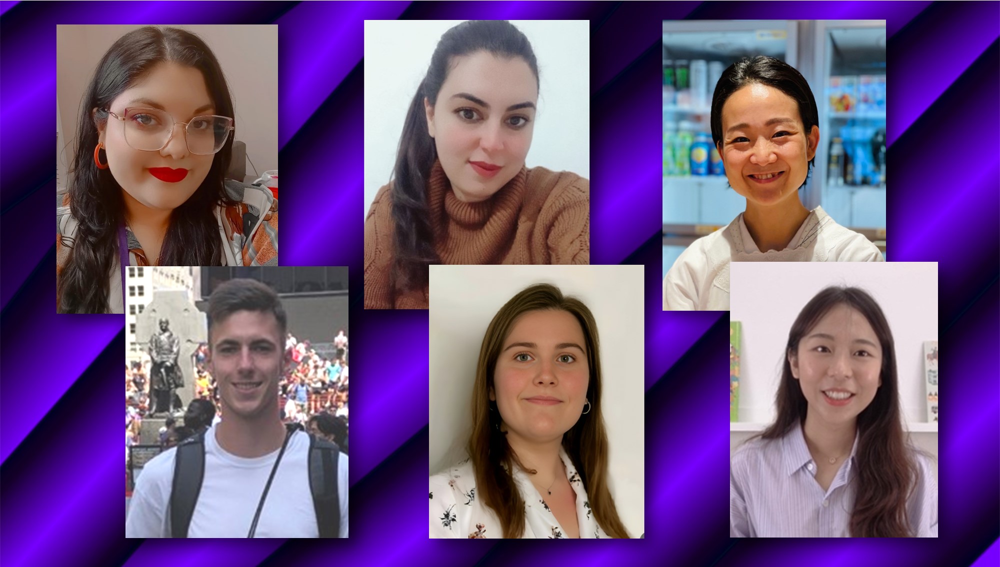 Six of the 2023-2024 Fulbright teaching assistants, graduate assistants and visiting instructors are shown, clockwise, from top left: Sheila Mignolet - Argentina (Spanish), Rahma Baklouti - Tunisia (Arabic),Naoko Omori - Japan (Japanese), Yun (Lily) Chiang - Taiwan (Chinese), Héloïse Vérissi - France (French) and Joshua Hartmann - Germany (German). Absent from photos: Ximena Jimenez - LLC (Spanish).