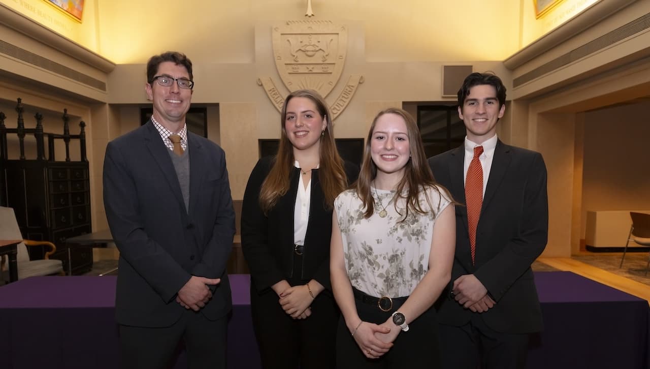 University of Scranton students were recently given Frank O’Hara medals in recognition of having the highest grade-point averages in their first-, second- and third-year in the College of Arts and Sciences, the Kania School of Management and the Panuska College of Professional Studies for the 2021-22 academic year. From left: David Dzurec, Ph.D., interim dean for The University of Scranton’s College of Arts and Science; and O’Hara Award recipients Emily Carey, Jordan Badman and Charles Sylvester.