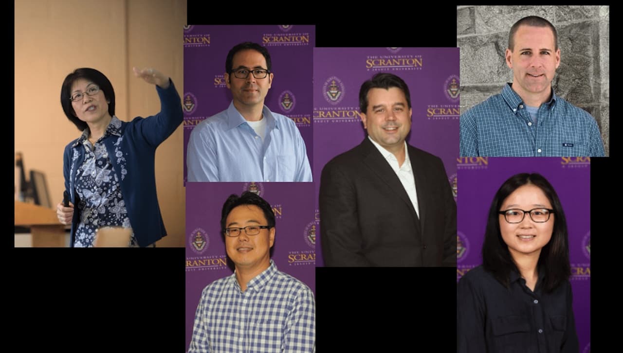 University of Scranton 2024 faculty development intersession grant recipients are, top row, from left: Shuhua Fan, Ph.D.; Ozgur Isil, Ph.D.; Matthew Meyer, Ph.D.; and Brian Snee, Ph.D. Bottom row: Jong-Hyun Son, Ph.D.; and Ziqian Song, Ph.D.