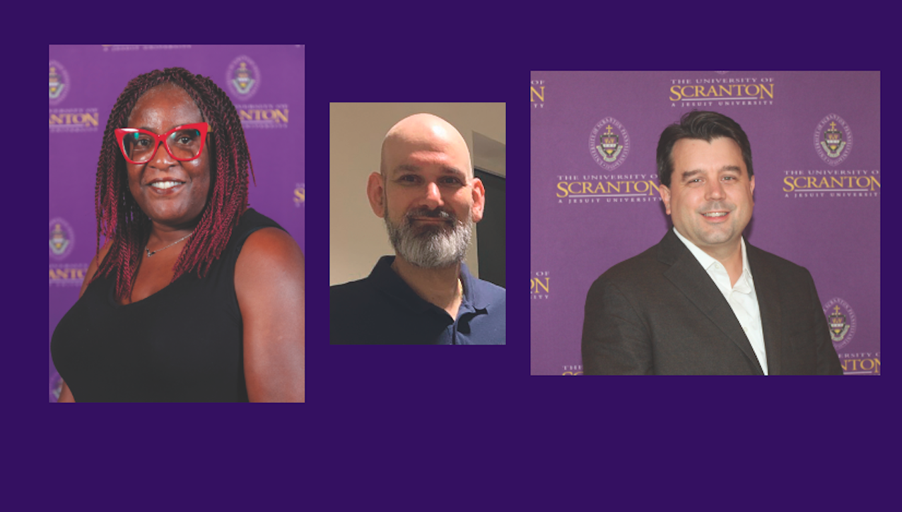 University of Scranton professors Melissa Anyiwo, Ph.D., of the Department of History; Charlie Cino of the Department of English and Theatre; and Matthew Meyer, Ph.D., of the Department of Philosophy; will teach Schemel Forum courses during the spring 2024 semester.