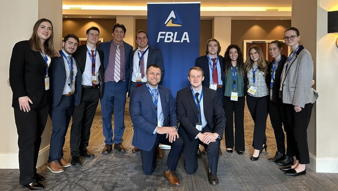 A dozen University of Scranton students participated in the 2024 Future Business Leaders of America (FBLA) State Leadership Conference, which was held in Harrisburg in April. Eight students won medals and qualified to compete at the national leadership conference this June in Florida. Participants at the conference include, kneeling, from left, David Mahalak, D. Eng., a faculty specialist in the Operations and Analytics Department and club moderator, and University student Chaz Dellacorte. Standing are: University students Paige Knutsen, Michael Castellino, Colin Merriman, Joseph Kulikowski, Todd Monahan, Gary Mrozinski, Kyrianna Nemitz, Mallory Woodland, Kaeli Romanowski, and Erin Gretsky.